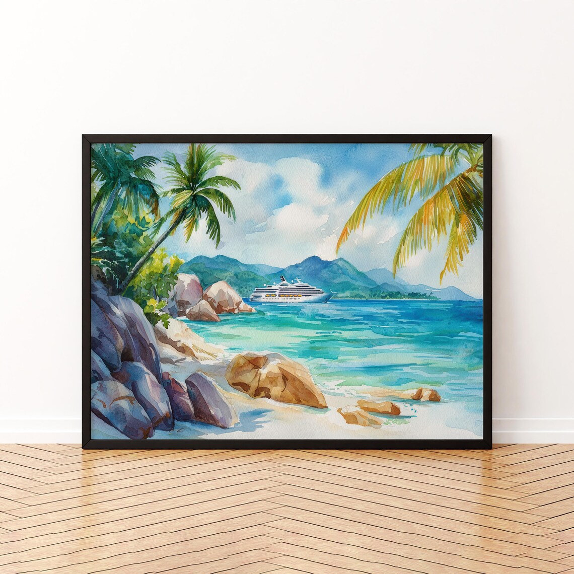 Seychelles Watercolor Travel Poster, Tropical Island