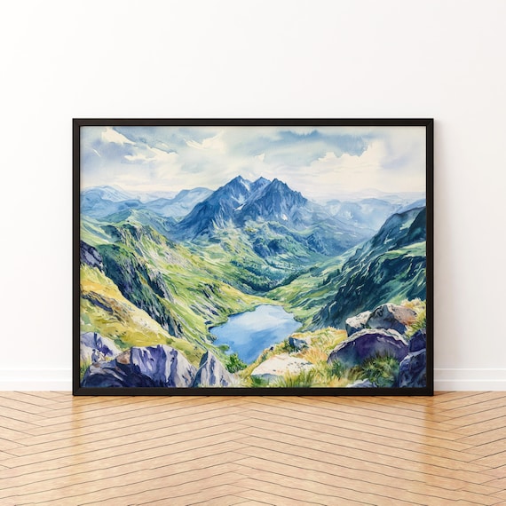 Snowdonia Wales Mountain Lake Watercolor Landscape Painting Poster