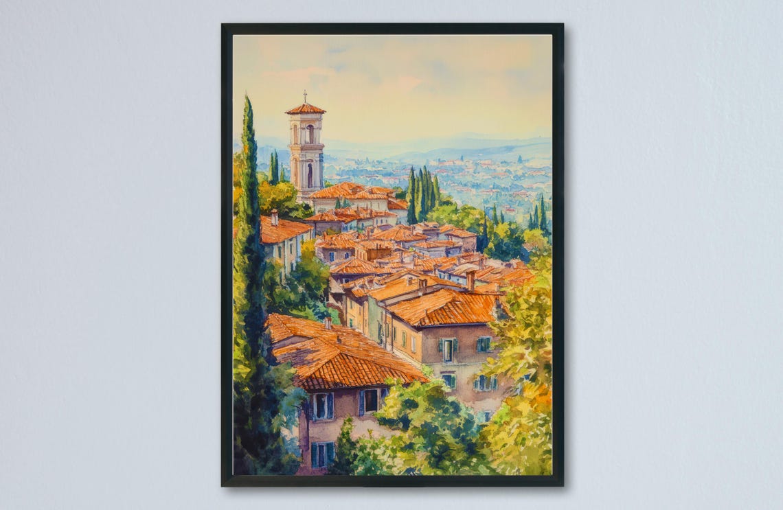 Golden Hill Town Bell Tower Cypress Grove Watercolor Travel Poster