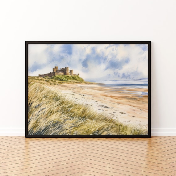 Bamburgh Castle Watercolor Poster Landscape Wall Art Hanging Home Dcor Gift Lovers United Kingdom