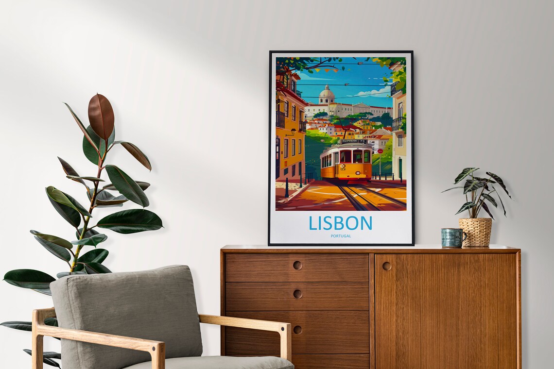 Lisbon Portugal Classic Yellow Tram Historic Street Travel Poster - Image 2