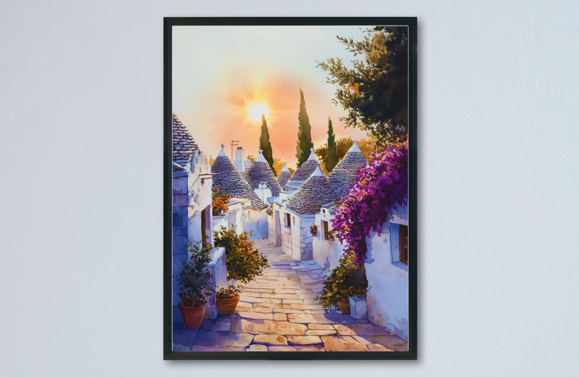 Alberobello Italy Trulli Houses Sunset Cobblestone Street Poster