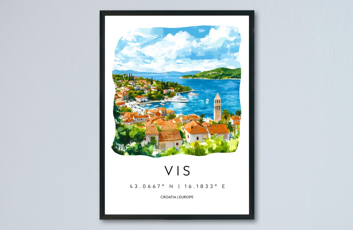Vis Island Coastal Town Croatia Scenic Watercolor Travel Poster