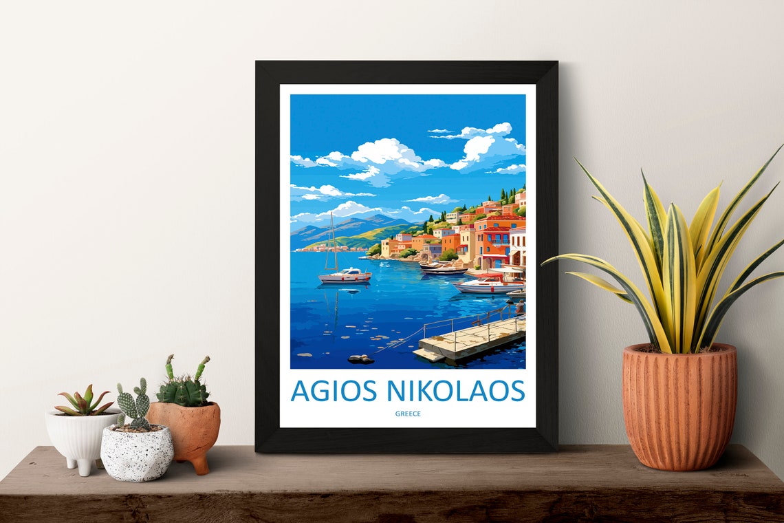 Agios Nikolaos Harbor Boats Crete Greece Bay Seafront Travel Poster - Image 3