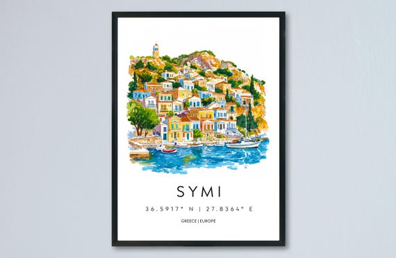 Symi Watercolor Travel Poster, Greece Island View
