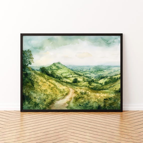 Malvern Hills England Watercolor Poster Travel Print Countryside Landscape Painting Wall Art Uk Souvenir