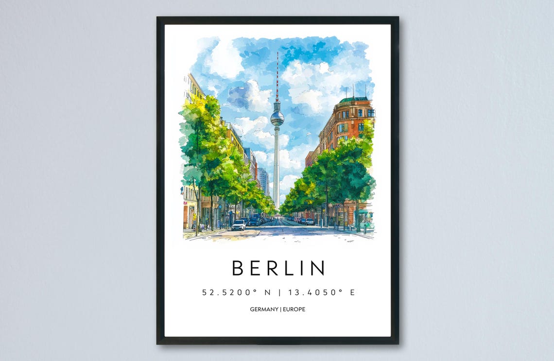 Berlin TV Tower Summer Boulevard Watercolor Germany Travel Poster