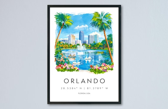 Orlando Florida Watercolor Swan Lake Palm Trees Skyline City Travel Poster