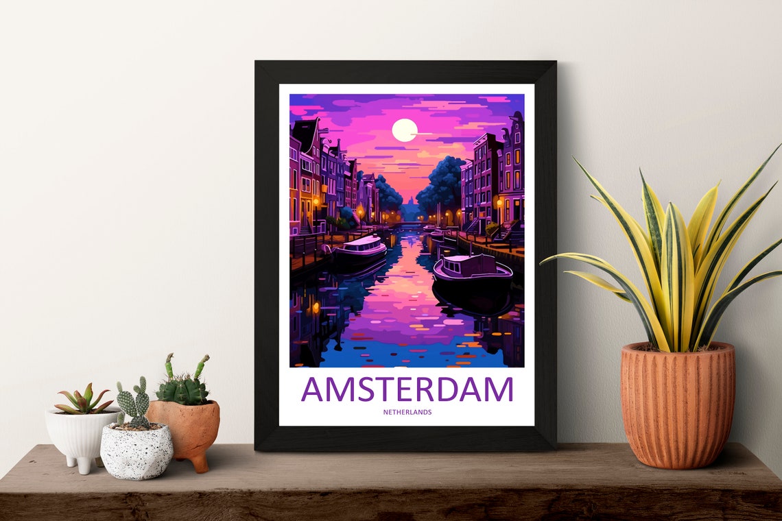 Amsterdam Netherlands Dreamy Canal Night Violet Purple Sky Poster - Image 3