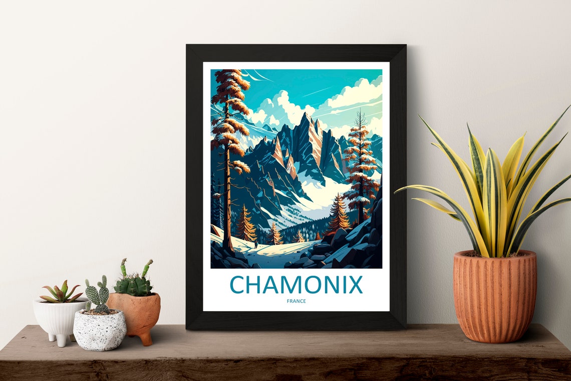 Chamonix France Alpine Mountain Snow Peaks Pines Scene Poster - Image 3
