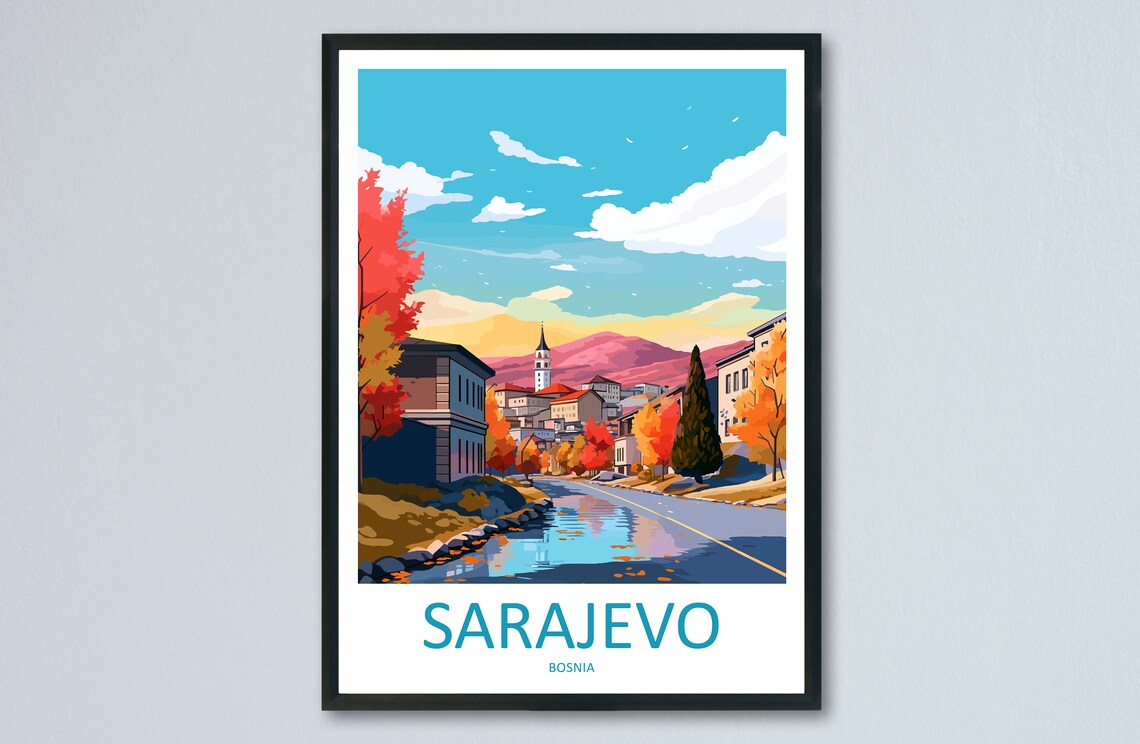 Sarajevo Bosnia Autumn Riverside Street Vintage Travel Poster