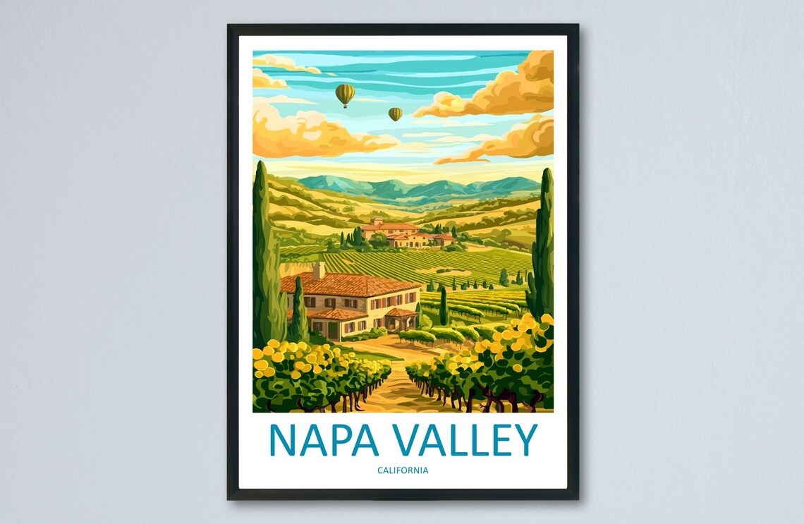 Napa Valley Vineyard Hot Air Balloons Cypress Trees Travel Poster