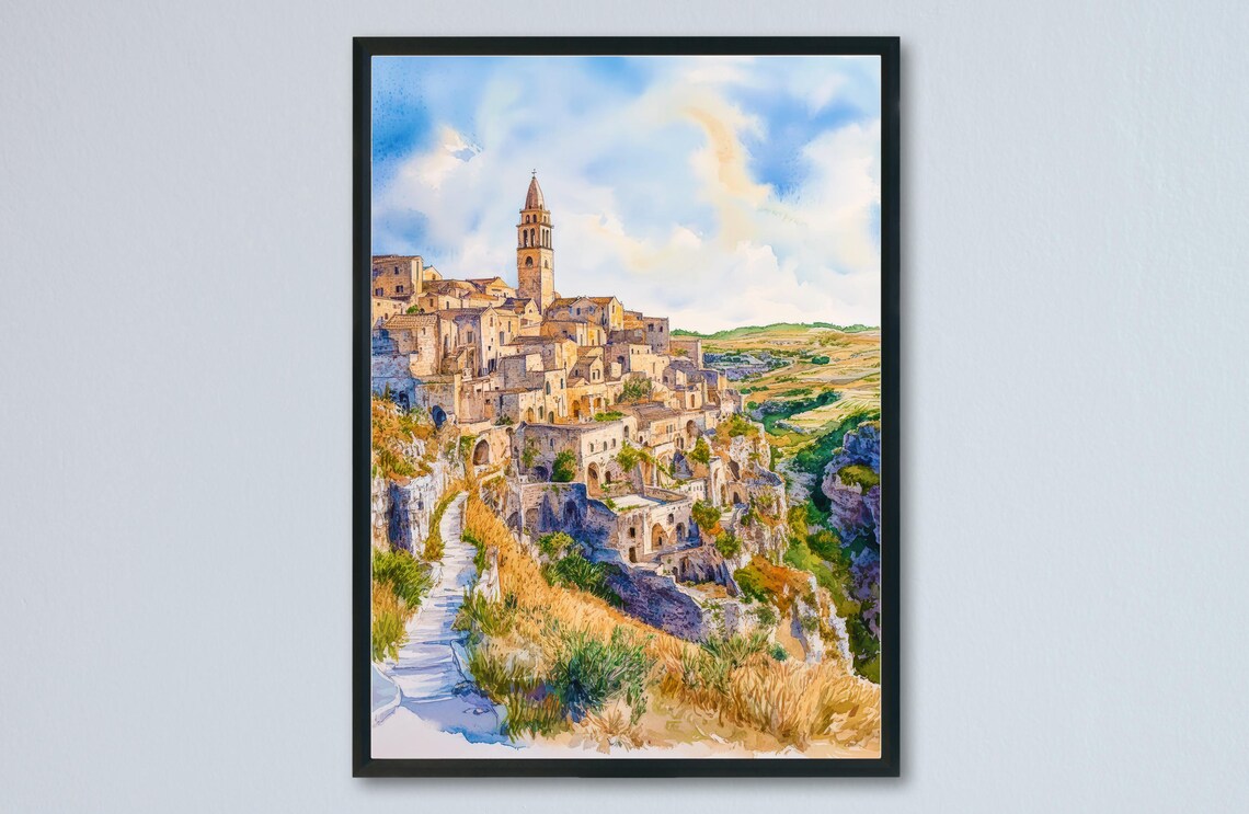 Matera Italy Hilltop Old Town Watercolor Travel Cityscape Poster