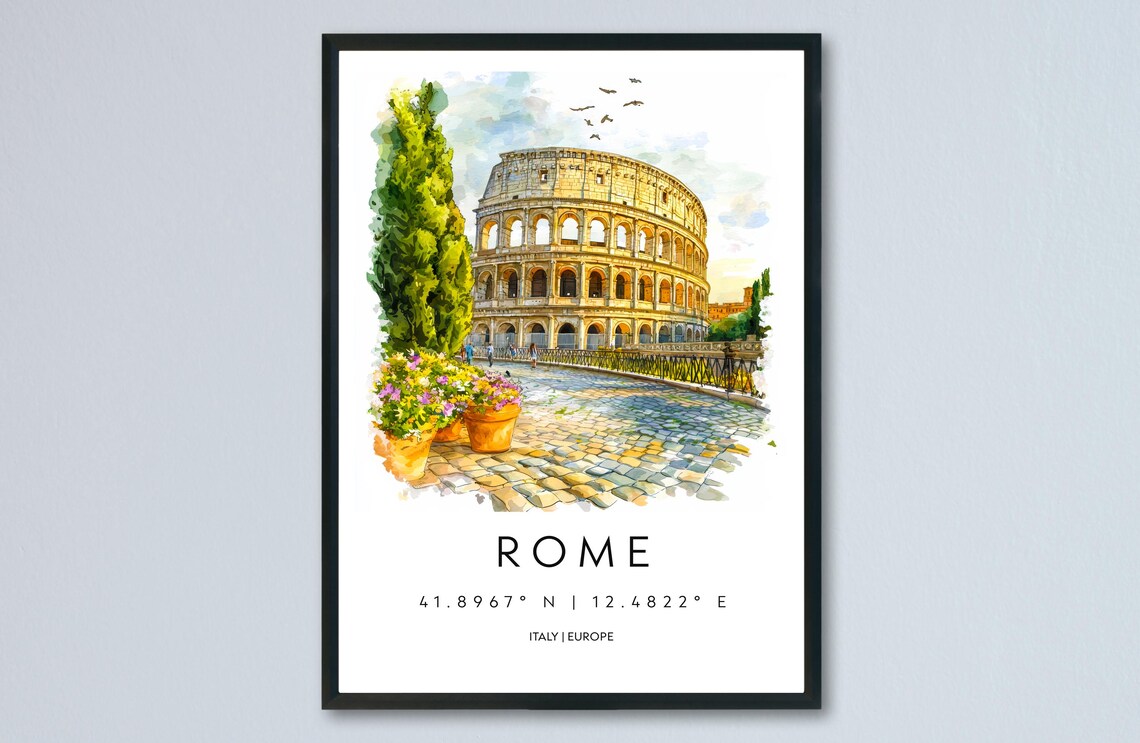 Rome Italy Watercolor Travel Poster Colosseum With Flower Pots Street Scene