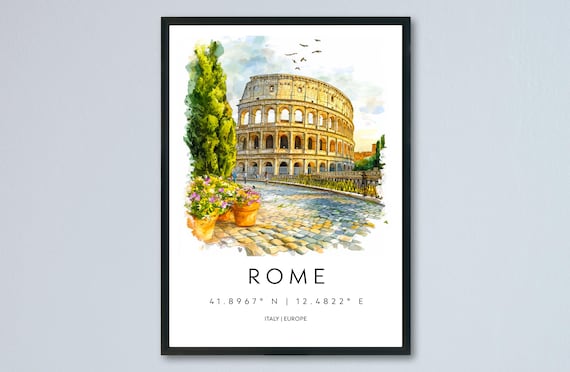 Rome Italy Watercolor Travel Poster Colosseum With Flower Pots Street Scene