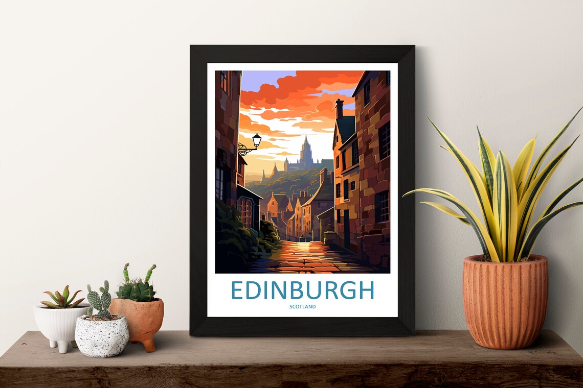 Edinburgh Scotland Cobblestone Alley Toward Castle at Sunset Poster - Image 3