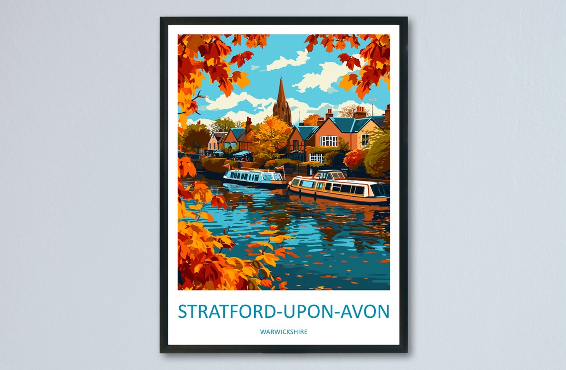 Stratford Upon Avon Riverside Autumn Boats Vintage Style Poster
