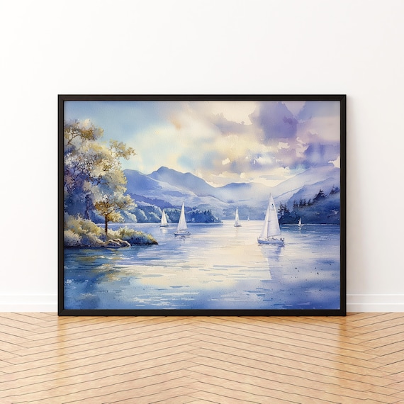 Windermere Lake Watercolor Sailboats Mountain England Lake District Poster