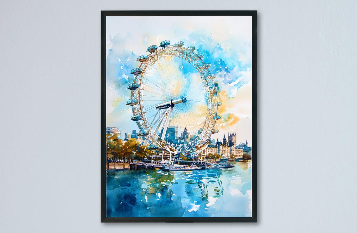 London Eye Ferris Wheel Thames River Watercolor Landmark Poster