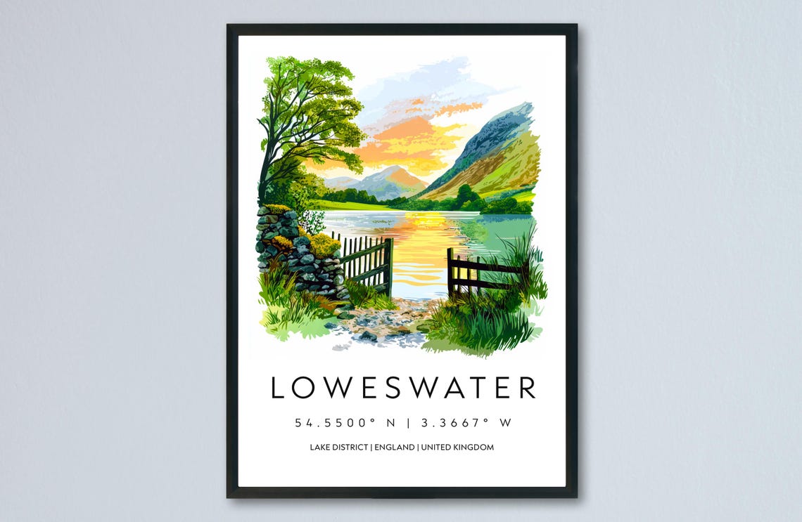 Loweswater Lake District Watercolor Sunset Lake Art Travel Print