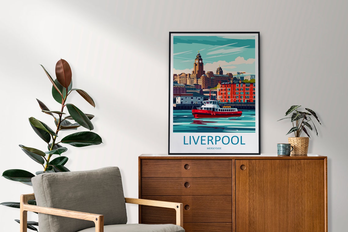 Liverpool England Waterfront Ferry Skyline Vintage Travel Poster - Image 2