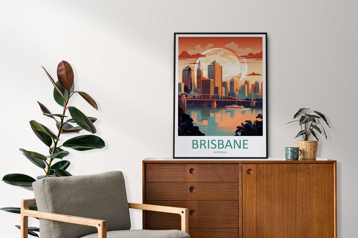 Brisbane Australia Sunset Skyline River Ferry Vintage Poster Art - Image 2