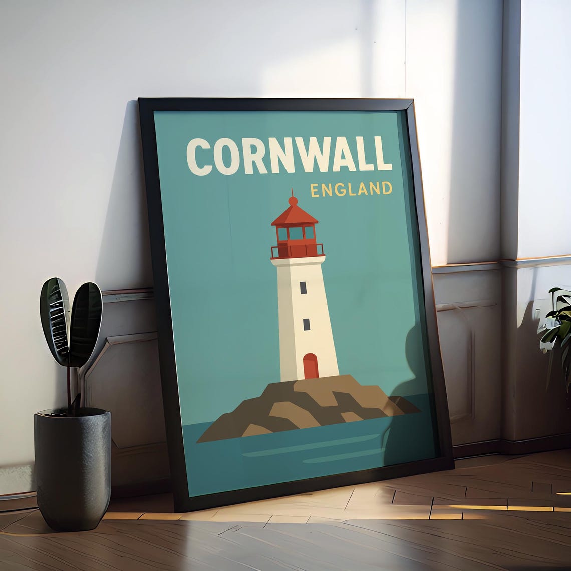 Cornwall England Red Lighthouse Coastal Seaside Retro Travel Poster