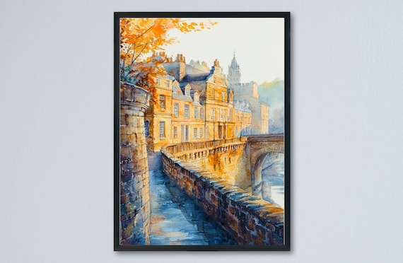 Bath England Autumn Golden Light Stone Bridge Georgian Street Watercolor Poster