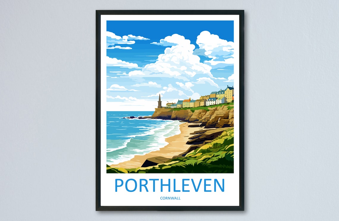 Porthleven Cornwall Vintage Retro Beach Travel Illustration Poster