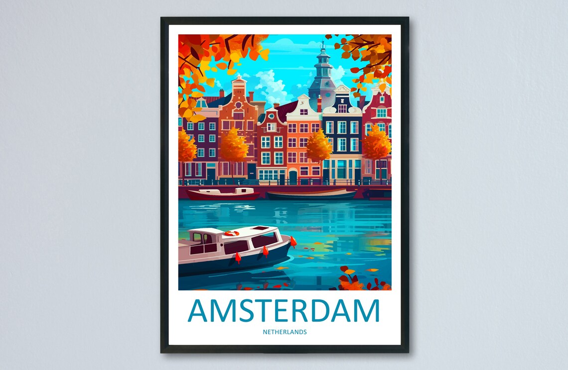 Amsterdam Netherlands Autumn Canal Boat Gabled Houses Travel Poster
