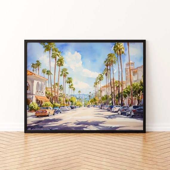 Beverly Hills Palm Lined Avenue Watercolor Street Art Poster