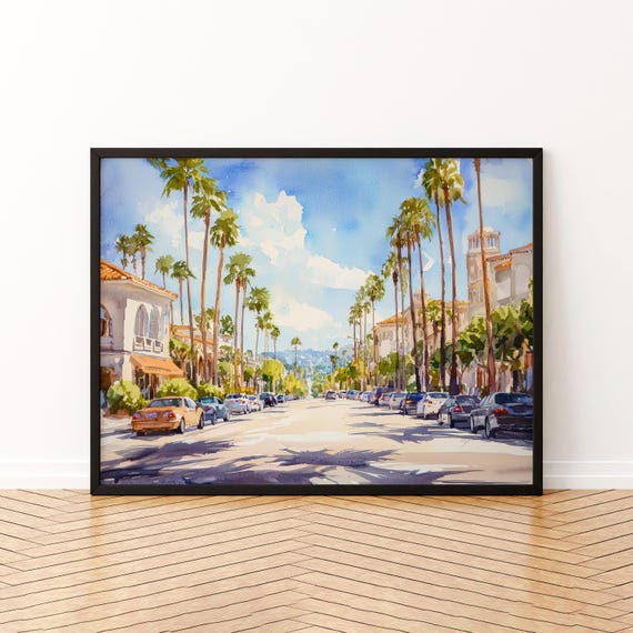 Beverly Hills Watercolor Poster Travel Print City Street Painting Palm Trees Wall Art Usa Souvenir