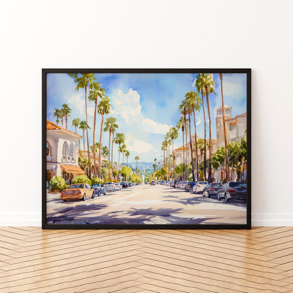 Beverly Hills Palm Lined Avenue Watercolor Street Art Poster