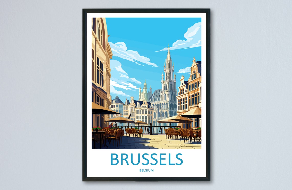 Brussels Belgium Grand Place Town Hall Terrace Vintage Poster
