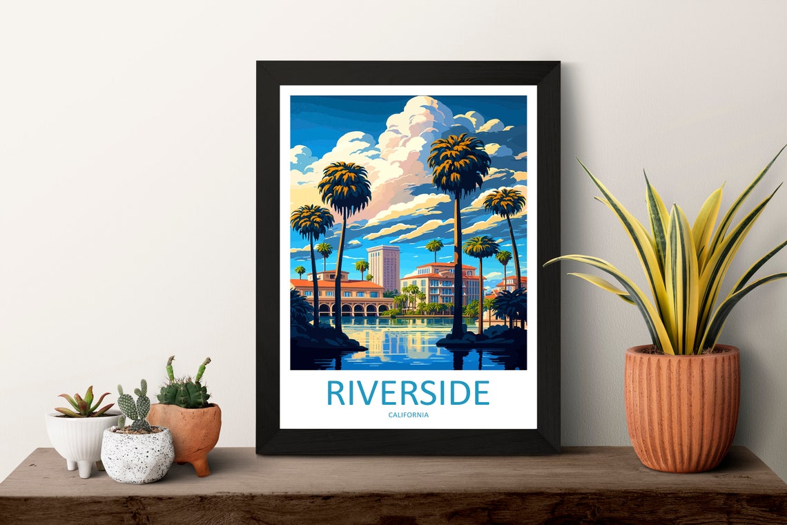 Riverside California Palm Lake Skyline Bright Travel Scene Poster - Image 3