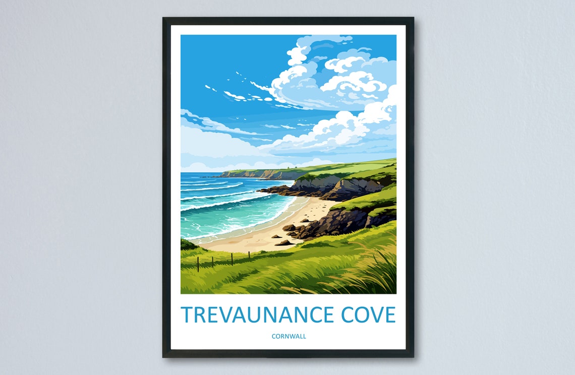Trevaunance Cove Cornwall Sunny Surf Beach Scene Travel Poster