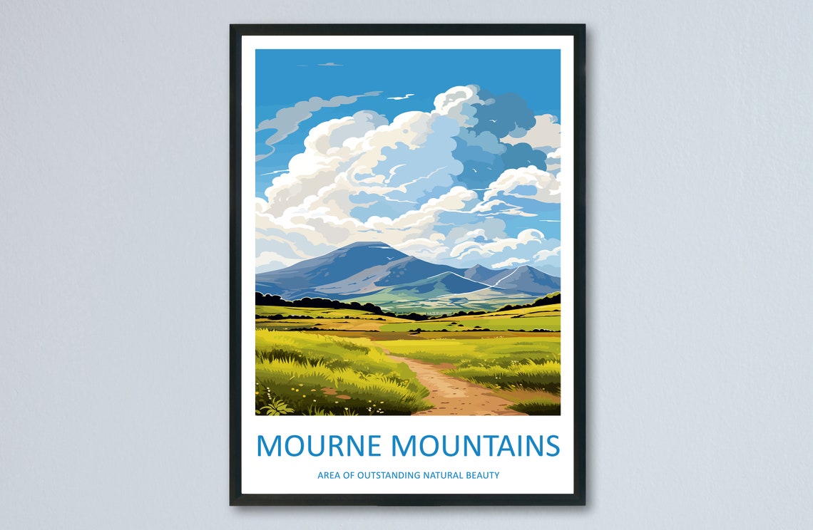 Mourne Mountains Northern Ireland Vintage Green Fields Travel Poster