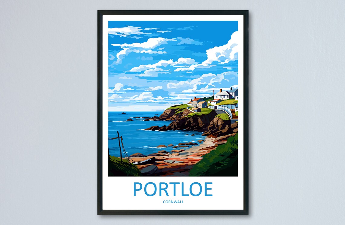 Portloe Cornwall Fishing Village Travel Poster Rocky Cliff Art
