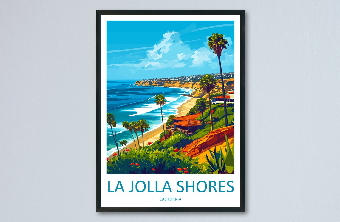 La Jolla Shores California Red Cliff Tall Palms Surf View Poster
