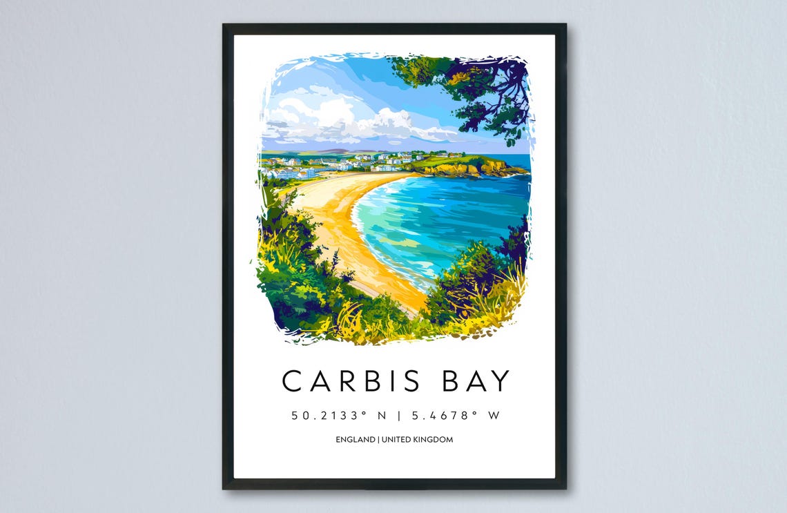 Carbis Bay England Sandy Beach Turquoise Sea Watercolor Poster