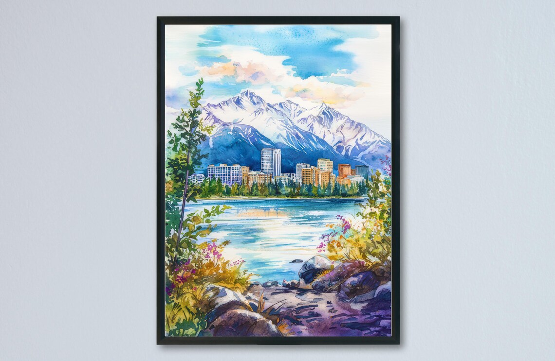 Anchorage Watercolor Alaska Skyline Mountain Lake Wildflowers Poster
