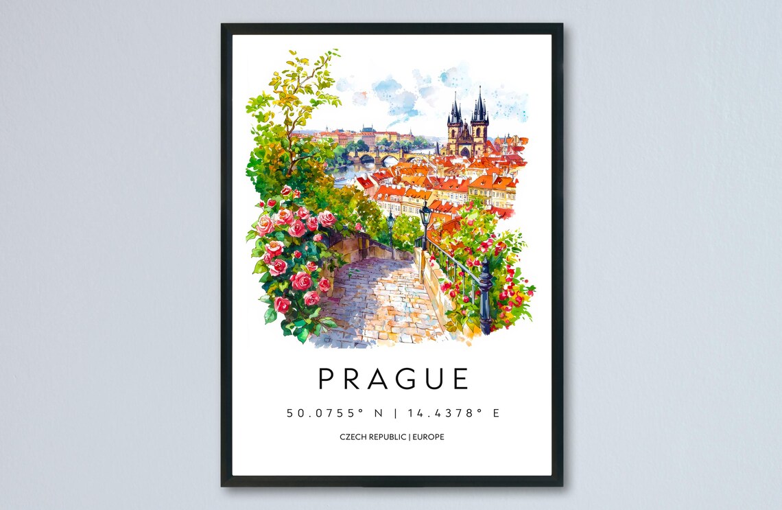 Prague Czech Watercolor Old Town Spires Rose Garden View Travel Poster