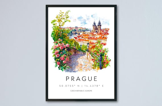Prague Czech Watercolor Old Town Spires Rose Garden View Travel Poster