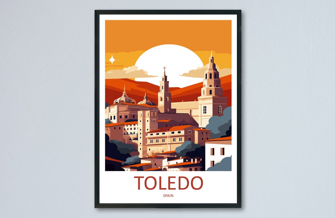 Toledo Spain Sunset Old Town Cathedral Vintage Travel Poster