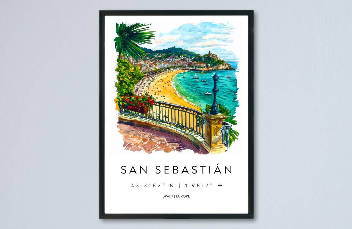 San Sebastián Spain Watercolor Beach Bay Balcony Overlook Poster
