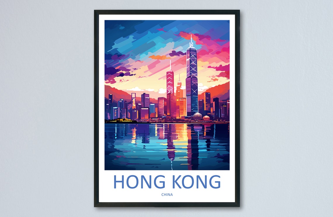 Hong Kong Night Harbor Skyline Neon Reflections Travel Poster