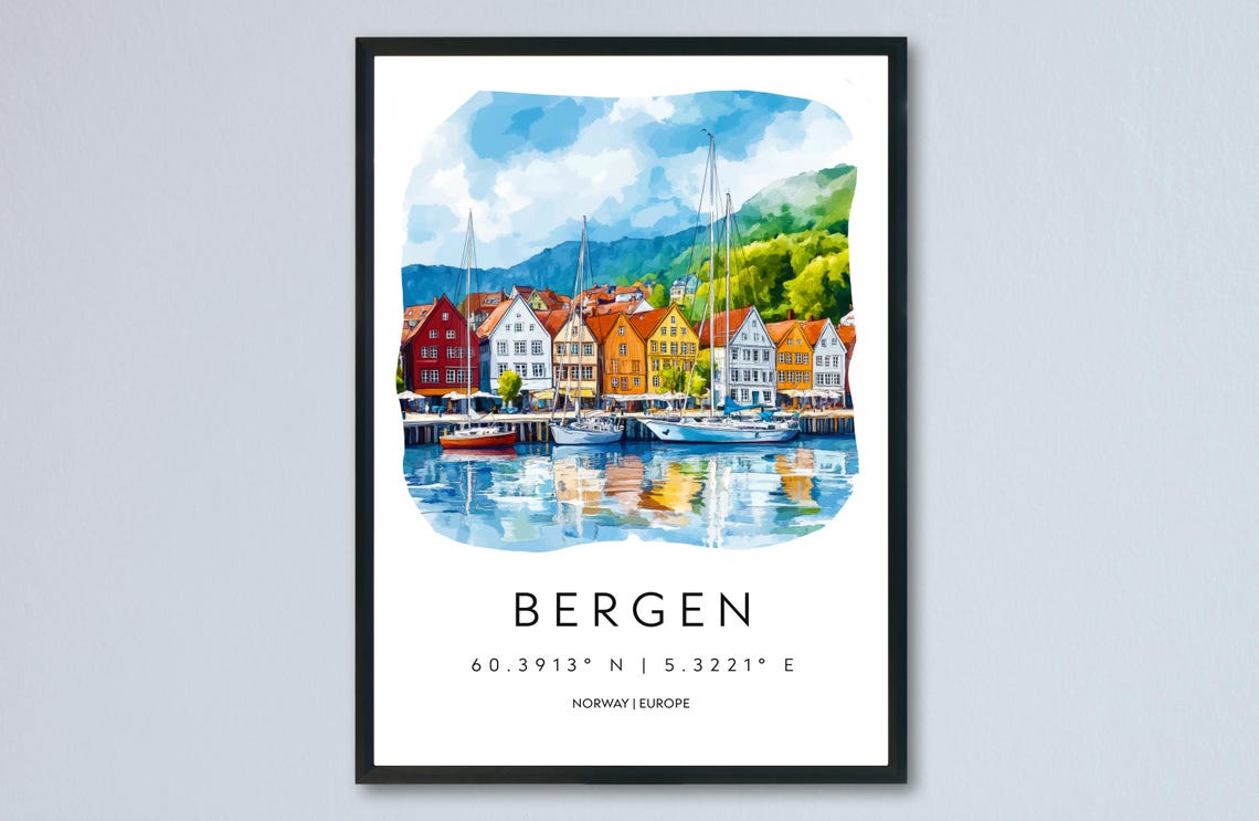 Bergen Watercolor Travel Poster, Norway Wall Art