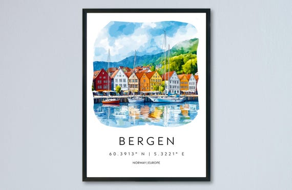 Bergen Watercolor Travel Poster, Norway Wall Art