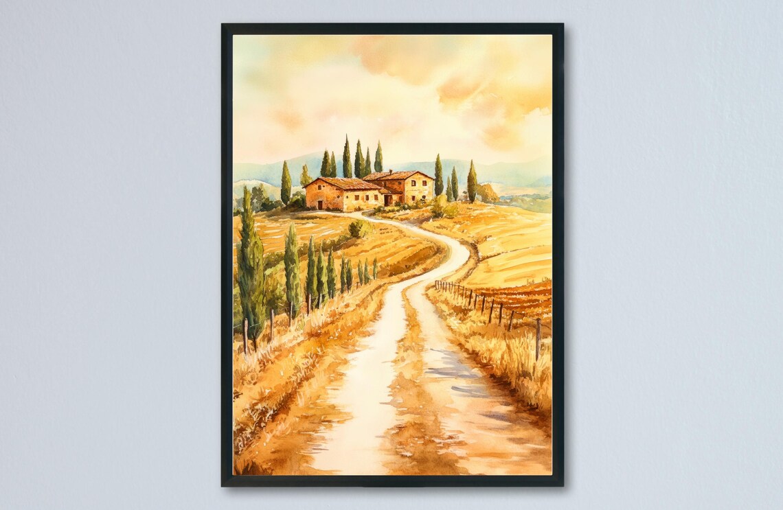 Tuscany Italy Farmhouse Cypress Road Watercolor Countryside Poster