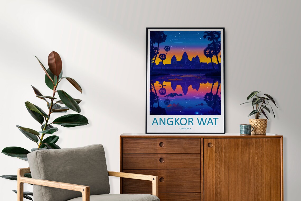 Angkor Wat Cambodia Temple Sunset Water Reflection Travel Poster - Image 2